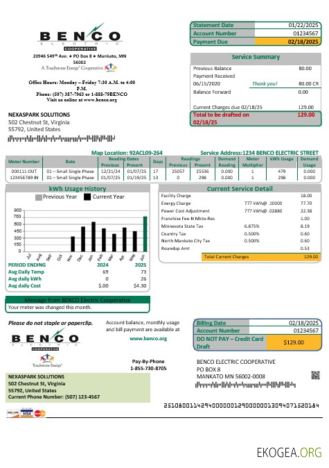 États Unis Minnesota Benco Elecric modèle de facture de services publics d'entreprise facile à remplir aux formats Word et PDF
